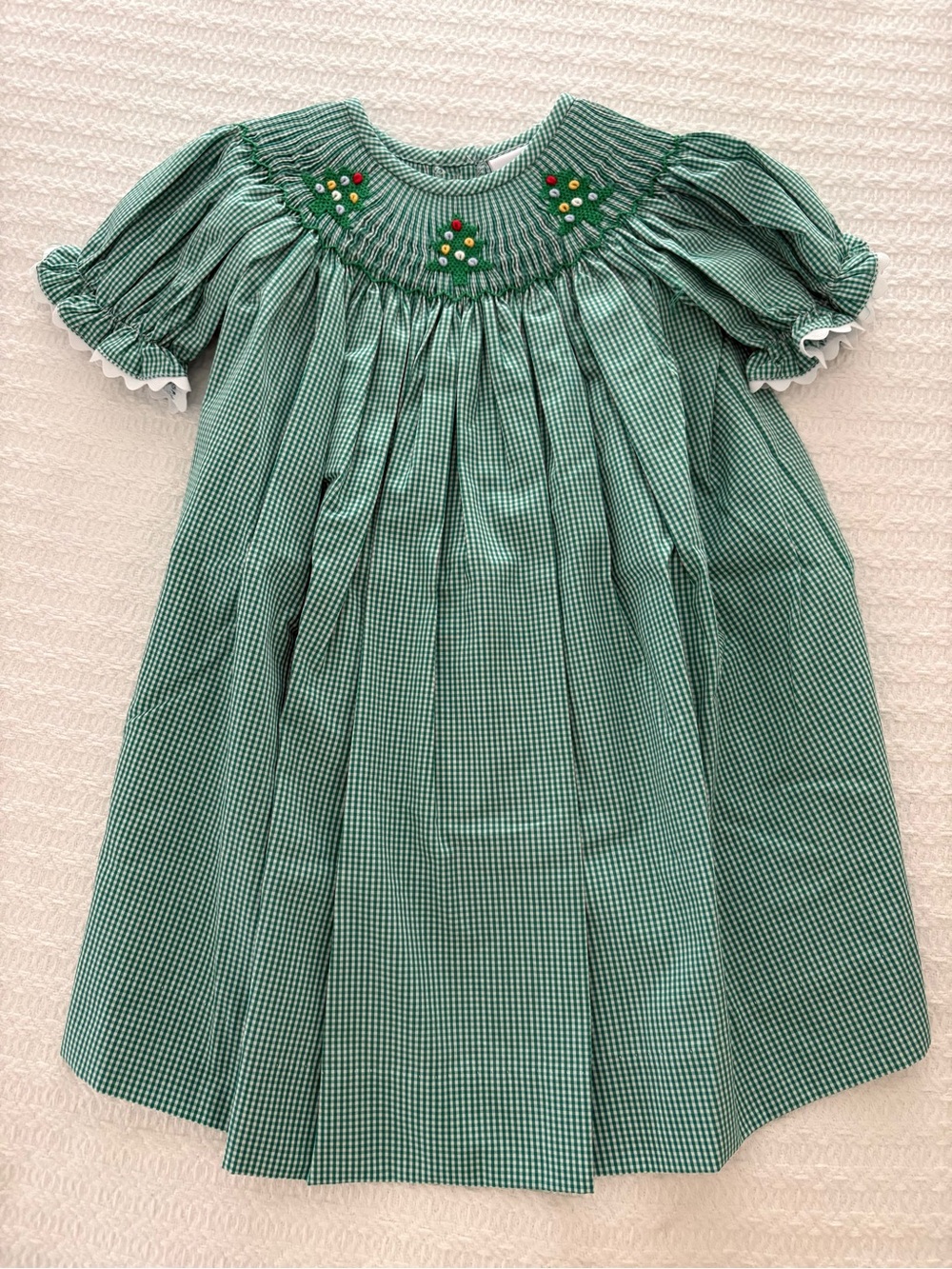 Green Smocked Gingham Kids Dress with Floral Embroidery